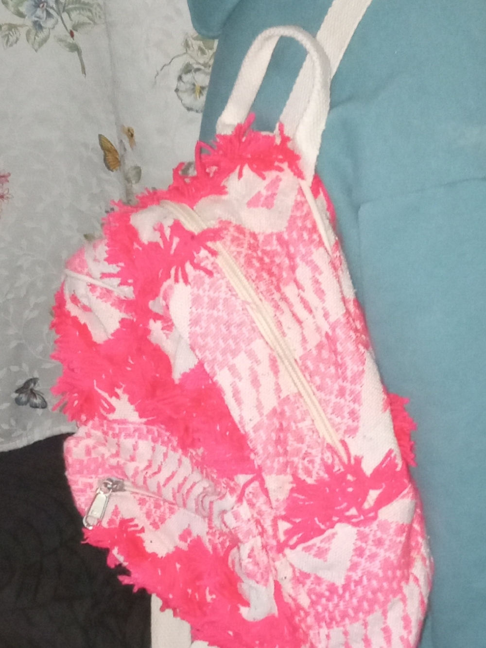 Pink & White Fringe Knit Backpack